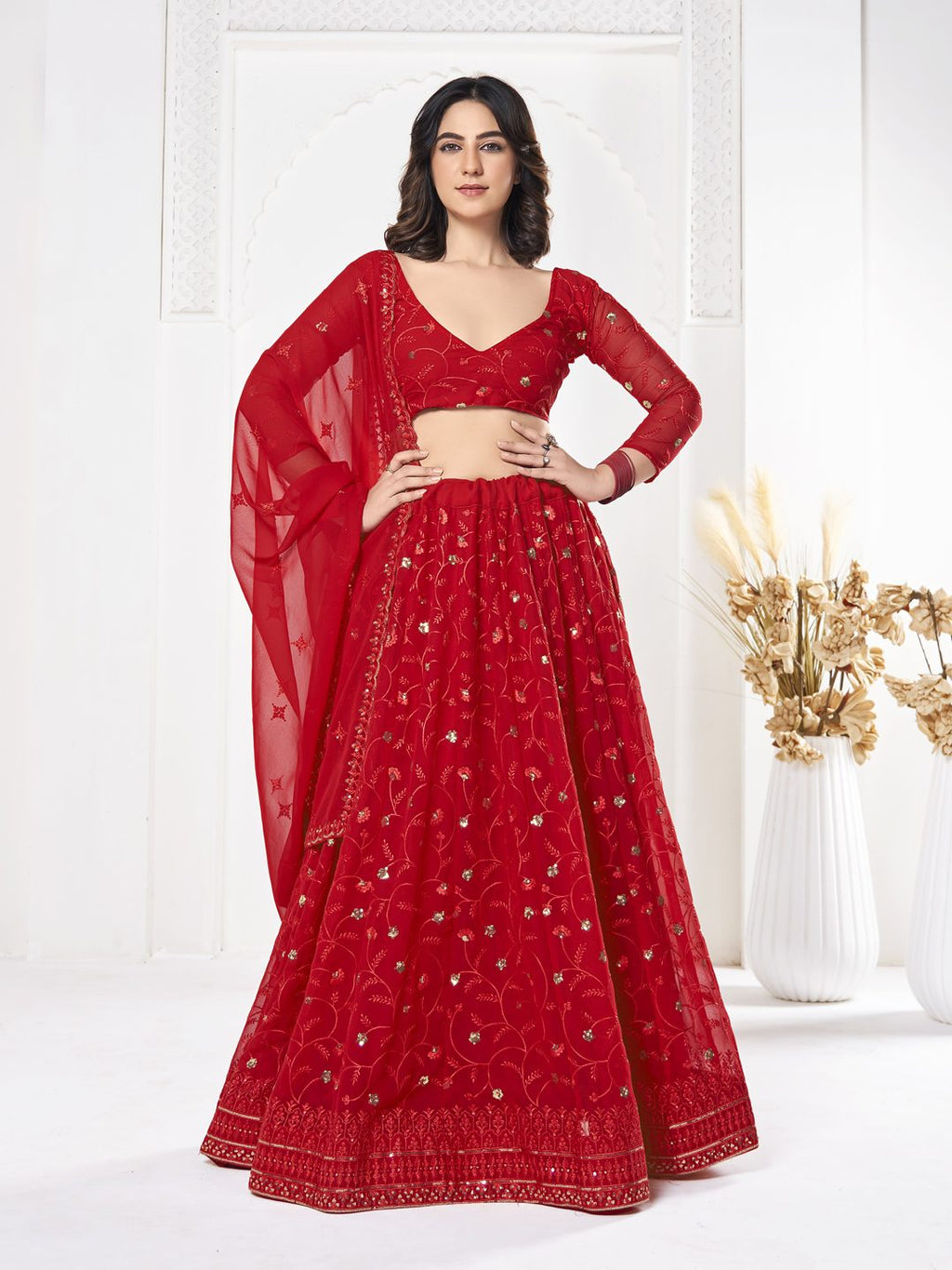 Red Floral Embroidered Wedding & Festive Wear Semi-Stitched Georgette Lehenga Choli with Sequin Work