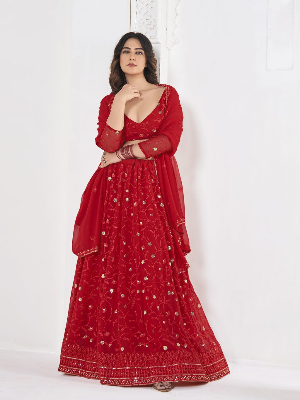 Red Floral Embroidered Wedding & Festive Wear Semi-Stitched Georgette Lehenga Choli with Sequin Work