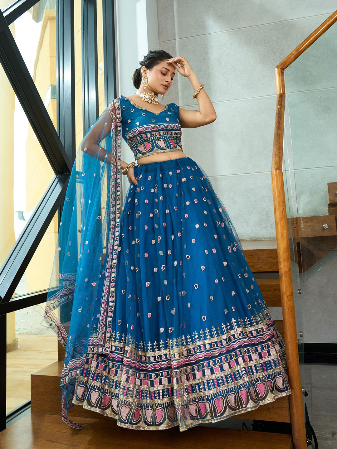 Teal Blue Heart Motif Embroidered Semi-Stitched Festive & Wedding Wear Lehenga Choli with Sequence Work