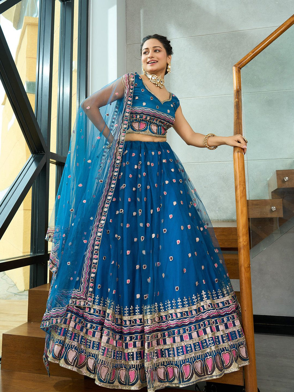 Teal Blue Heart Motif Embroidered Semi-Stitched Festive & Wedding Wear Lehenga Choli with Sequence Work