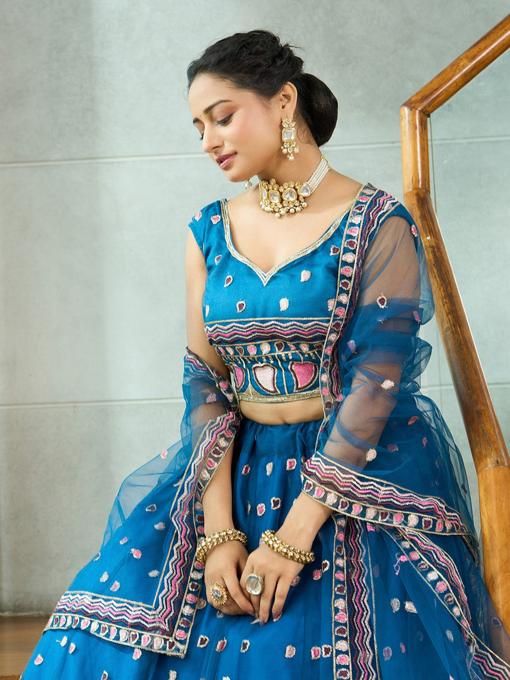 Teal Blue Heart Motif Embroidered Semi-Stitched Festive & Wedding Wear Lehenga Choli with Sequence Work