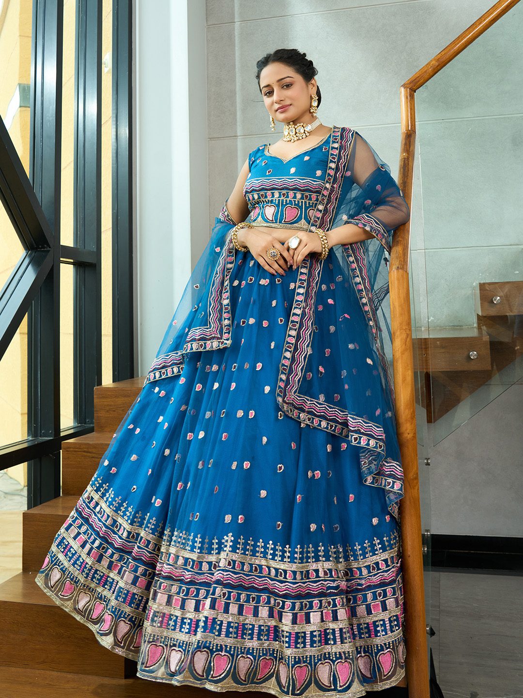 Teal Blue Heart Motif Embroidered Semi-Stitched Festive & Wedding Wear Lehenga Choli with Sequence Work