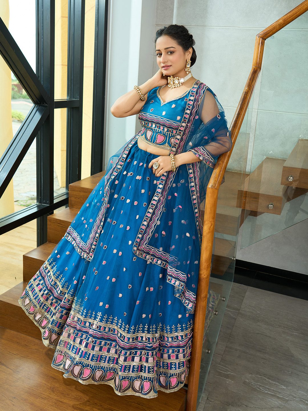 Teal Blue Heart Motif Embroidered Semi-Stitched Festive & Wedding Wear Lehenga Choli with Sequence Work