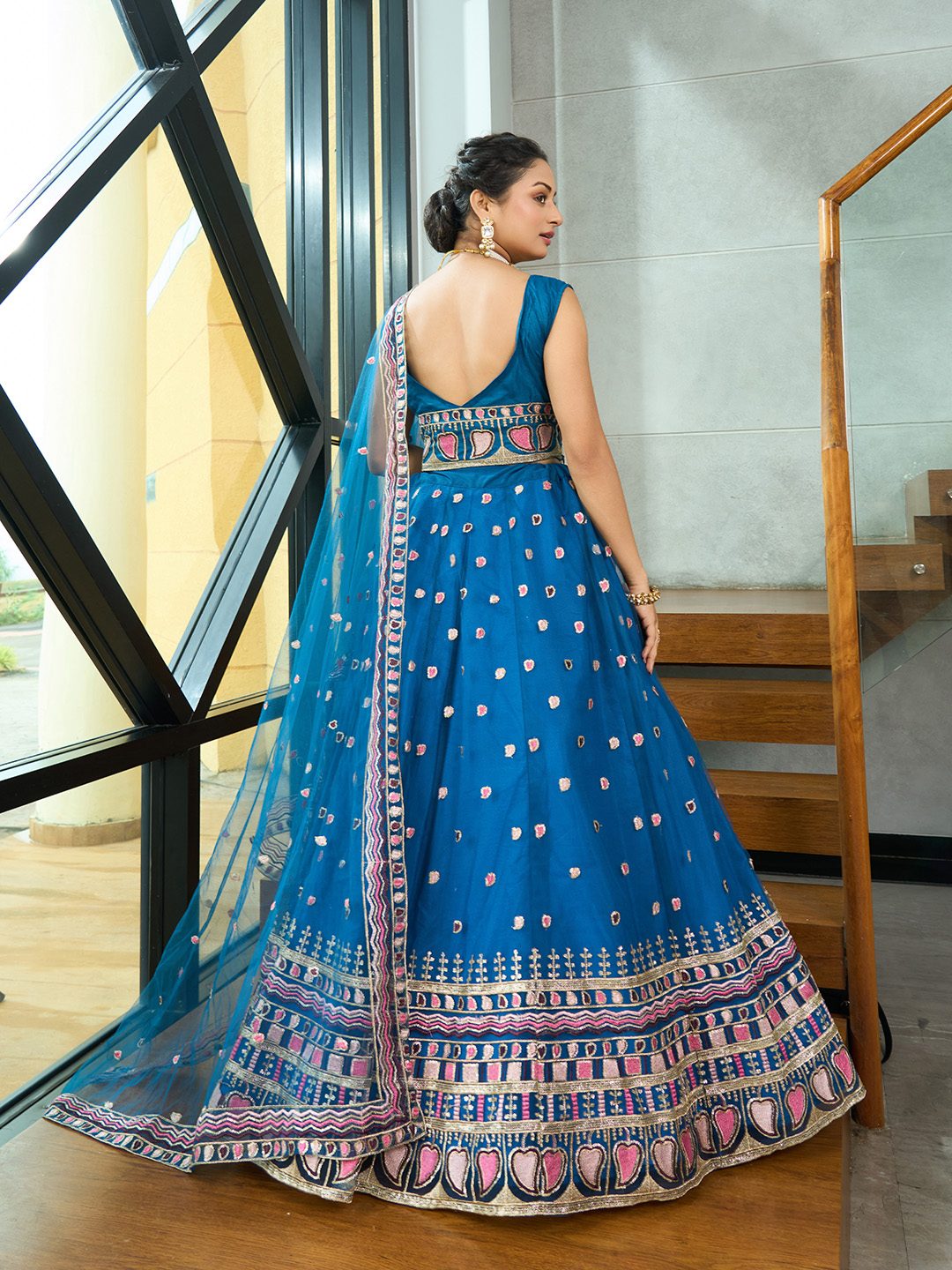 Teal Blue Heart Motif Embroidered Semi-Stitched Festive & Wedding Wear Lehenga Choli with Sequence Work