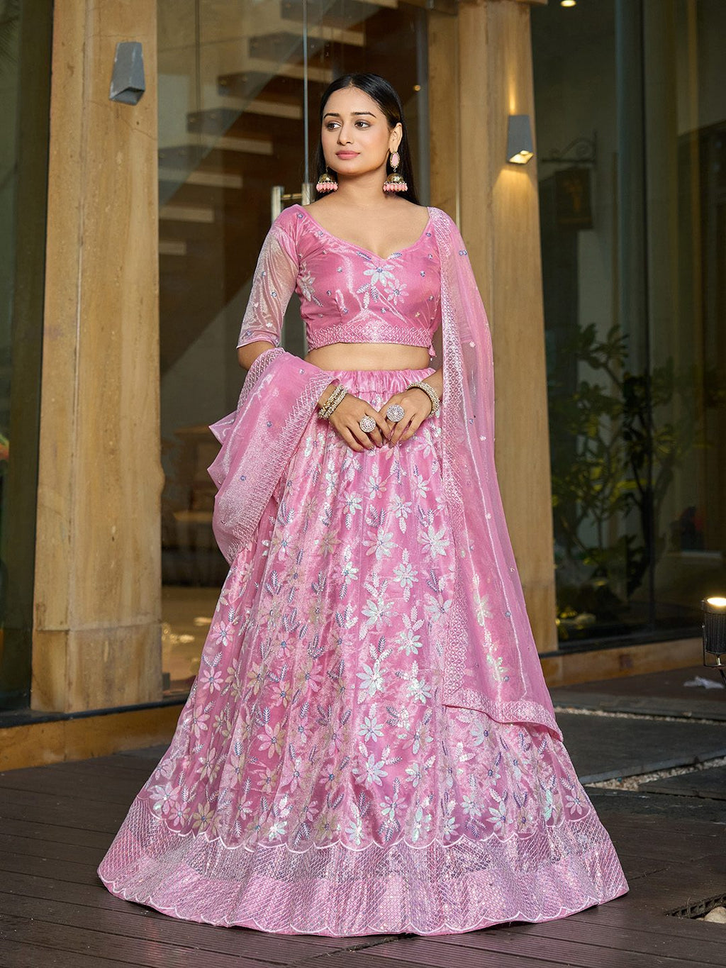 Baby Pink Thread & sequin Embroidered Wedding & Festive Wear Semi-Stitched Lehenga Choli with Silk Dupatta