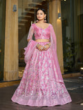 Baby Pink Thread & sequin Embroidered Wedding & Festive Wear Semi-Stitched Lehenga Choli with Silk Dupatta