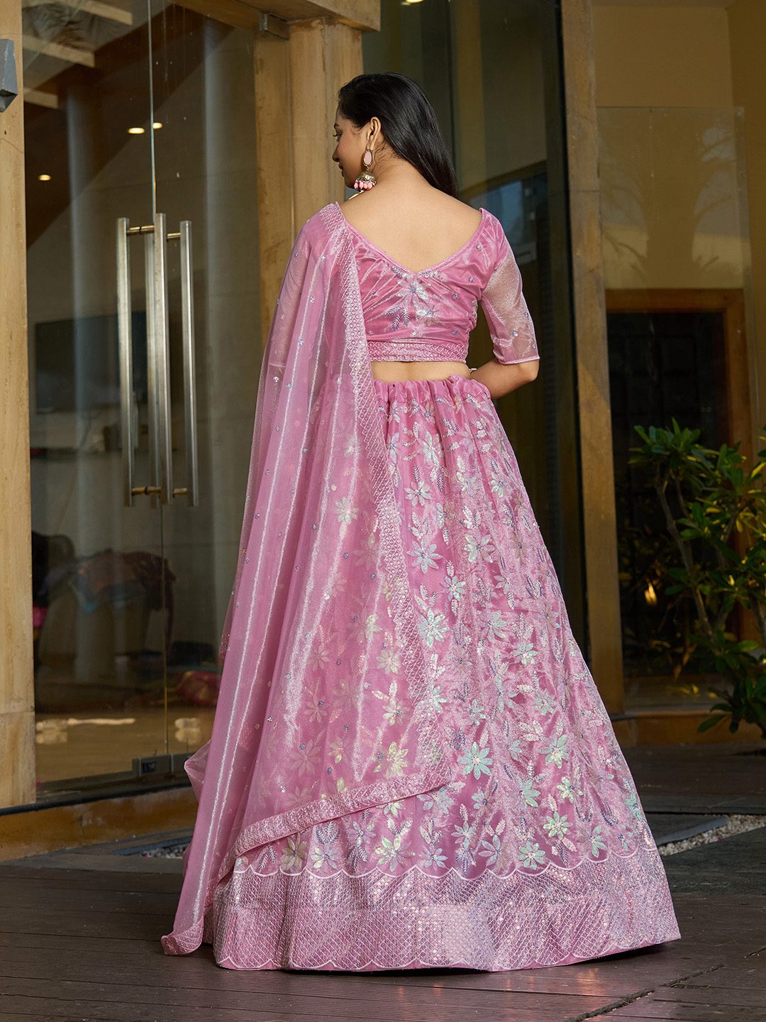 Baby Pink Thread & sequin Embroidered Wedding & Festive Wear Semi-Stitched Lehenga Choli with Silk Dupatta