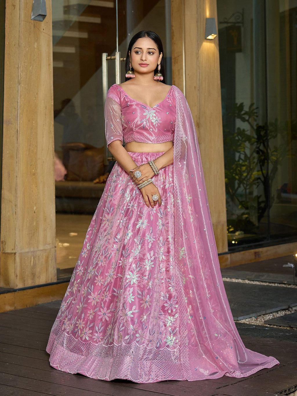 Baby Pink Thread & sequin Embroidered Wedding & Festive Wear Semi-Stitched Lehenga Choli with Silk Dupatta