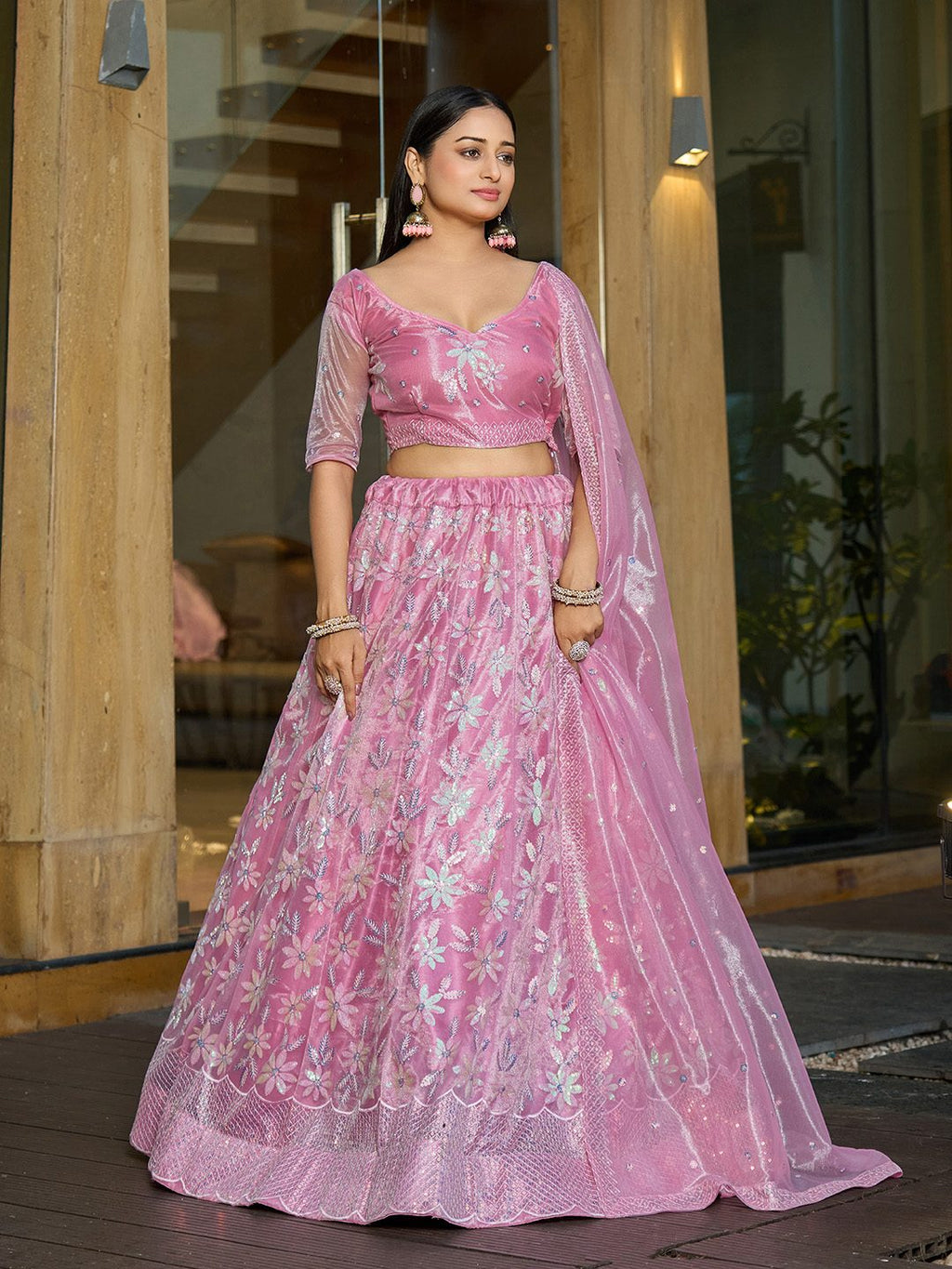 Baby Pink Thread & sequin Embroidered Wedding & Festive Wear Semi-Stitched Lehenga Choli with Silk Dupatta
