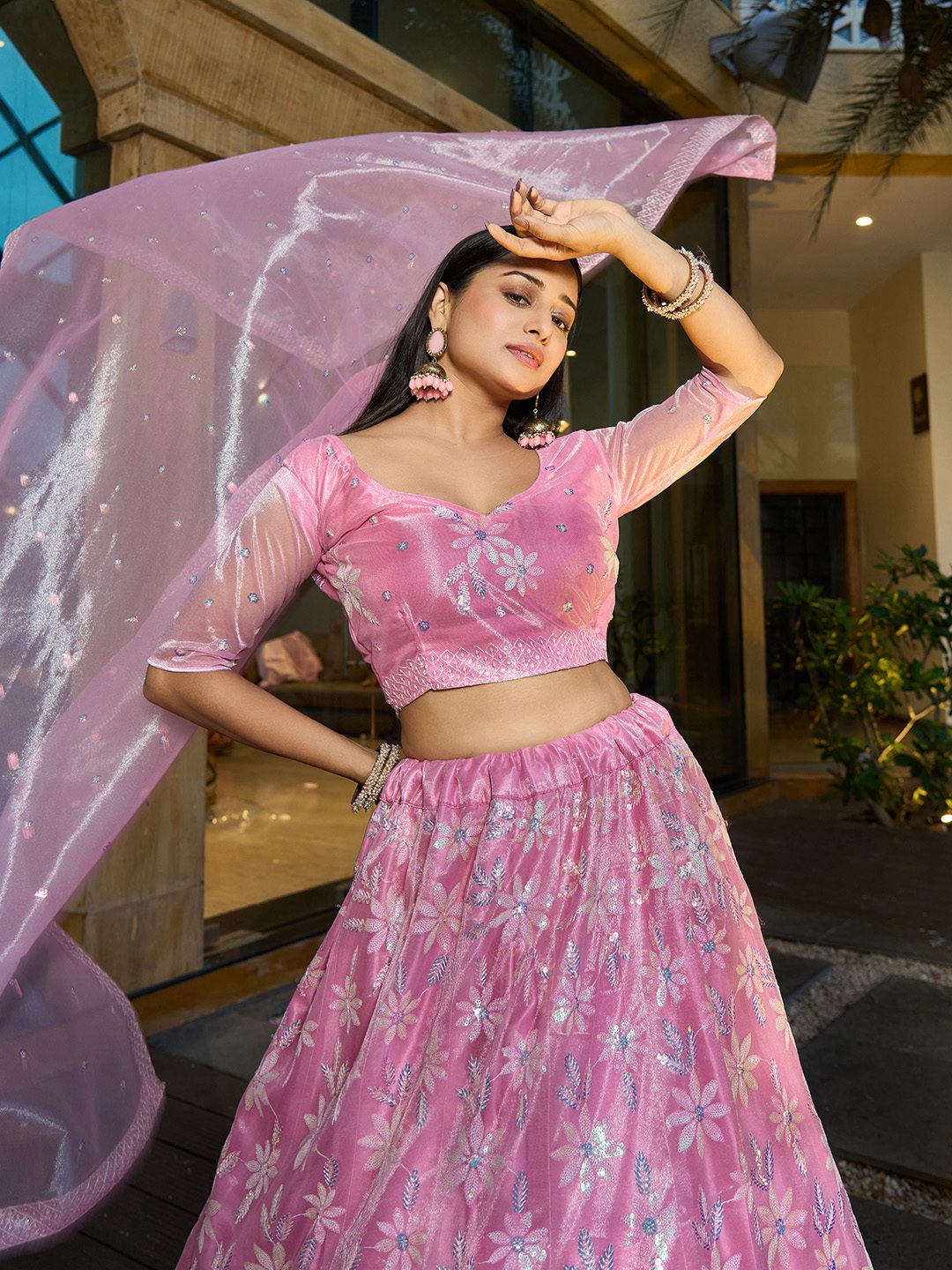 Baby Pink Thread & sequin Embroidered Wedding & Festive Wear Semi-Stitched Lehenga Choli with Silk Dupatta