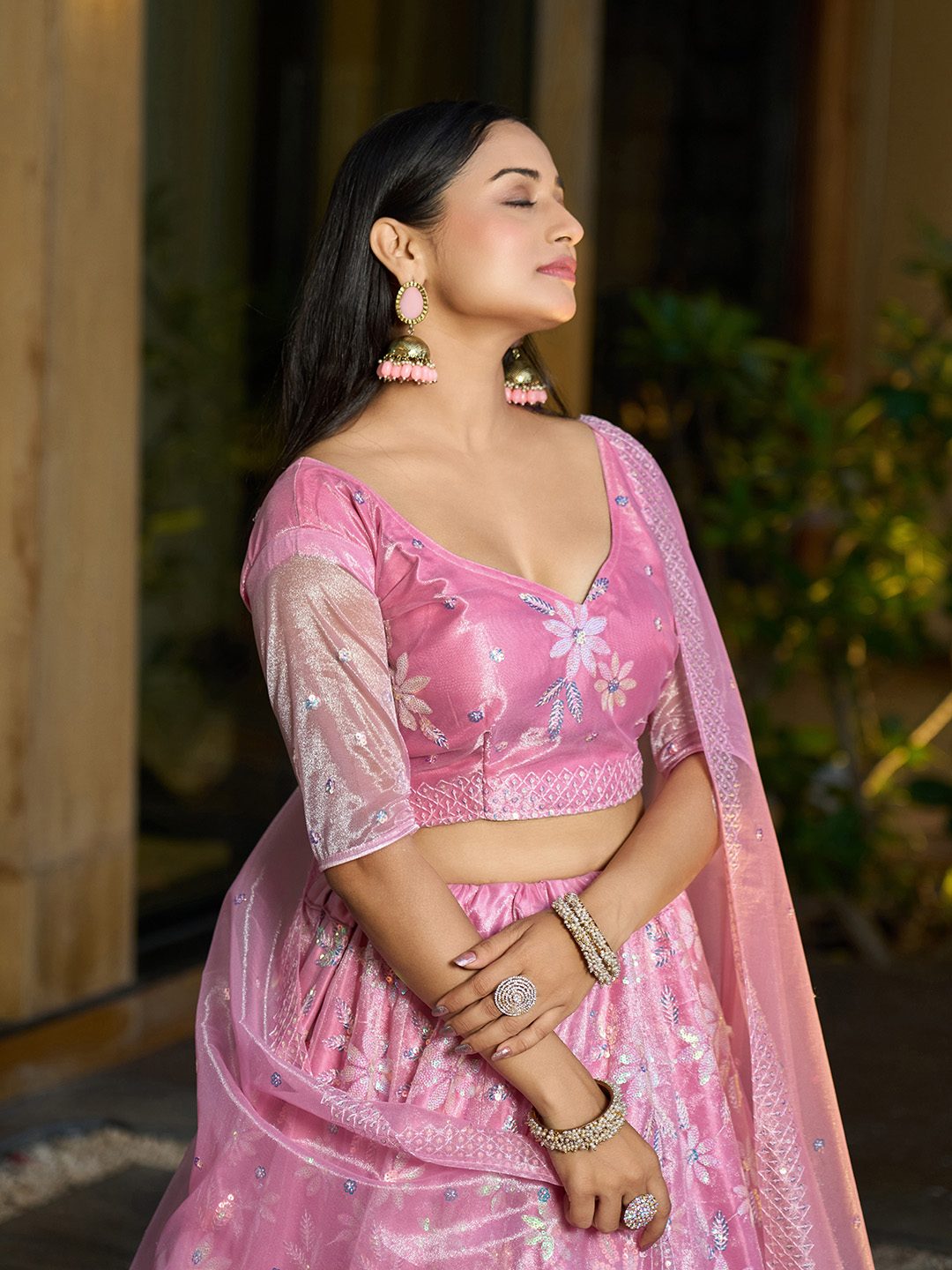 Baby Pink Thread & sequin Embroidered Wedding & Festive Wear Semi-Stitched Lehenga Choli with Silk Dupatta