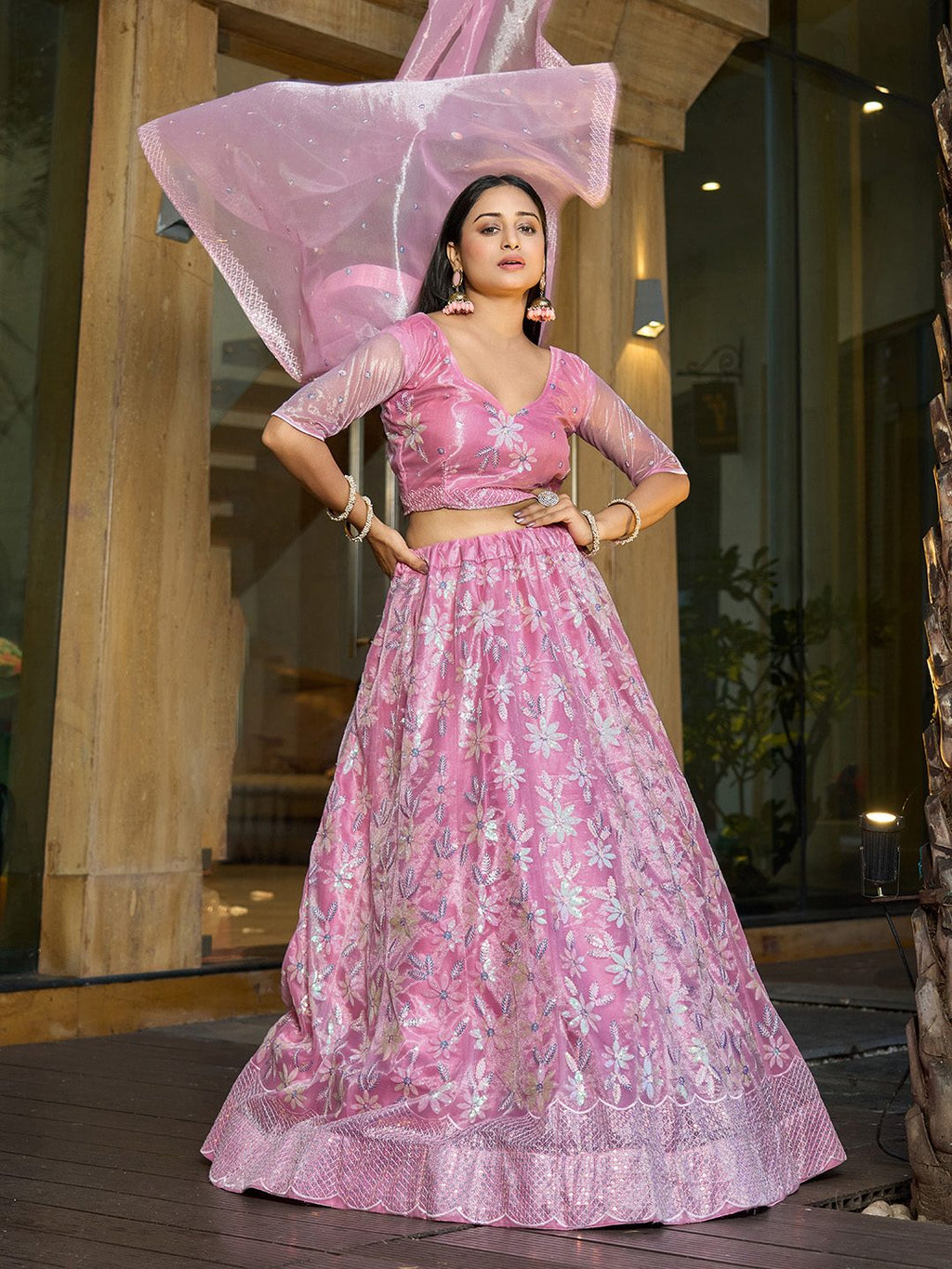 Baby Pink Thread & sequin Embroidered Wedding & Festive Wear Semi-Stitched Lehenga Choli with Silk Dupatta