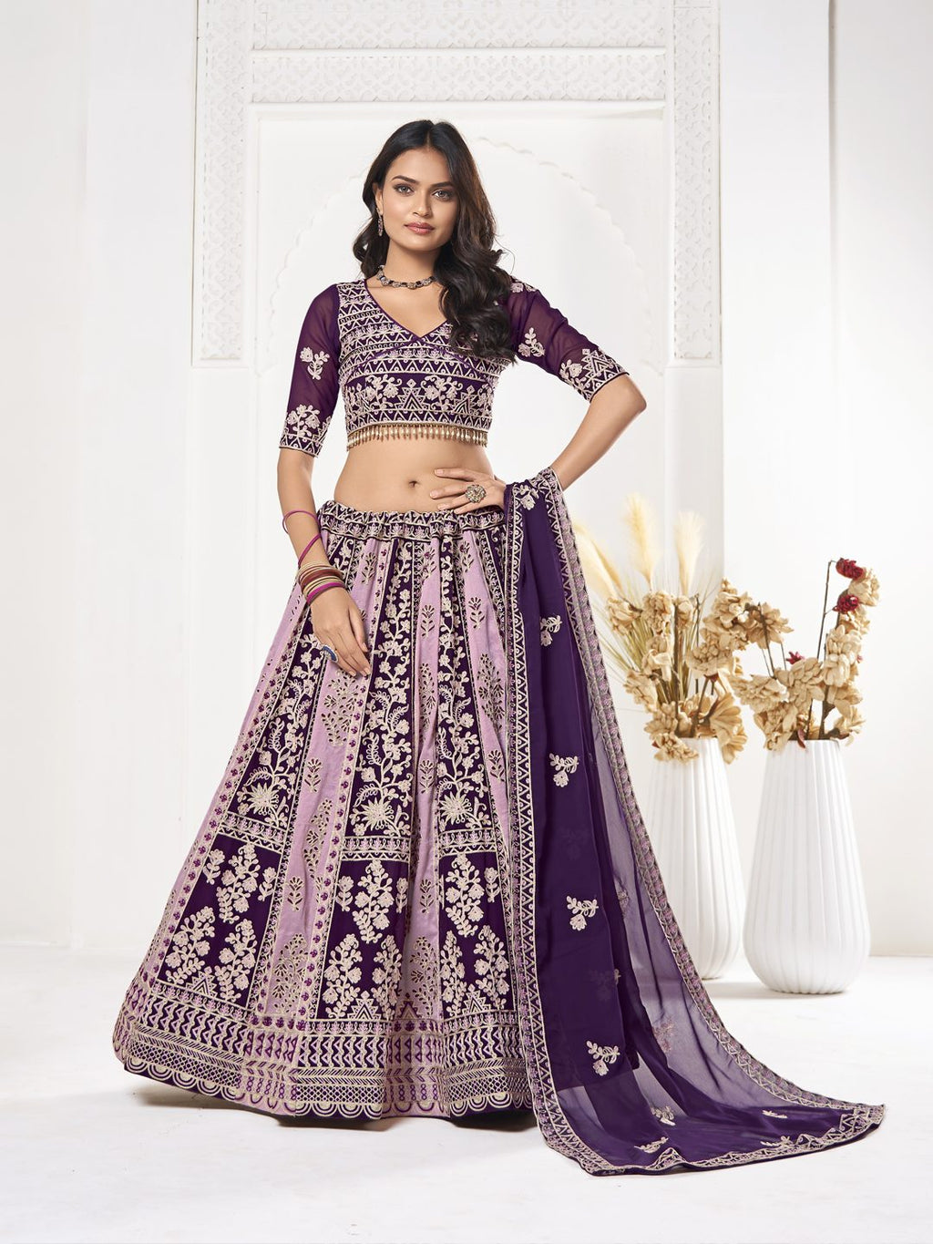 Purple & Mauve Thread Embroidered Wedding & Festive Wear Semi-Stitched Georgette Lehenga Choli with Dupatta