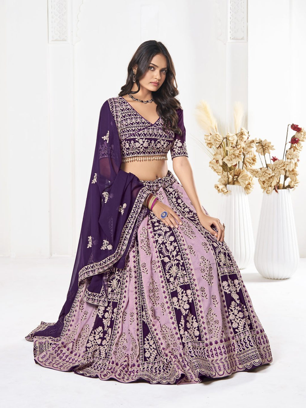 Purple & Mauve Thread Embroidered Wedding & Festive Wear Semi-Stitched Georgette Lehenga Choli with Dupatta