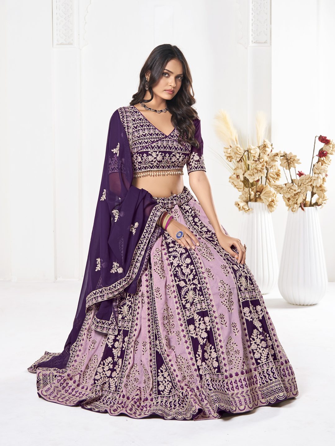 Purple & Mauve Thread Embroidered Wedding & Festive Wear Semi-Stitched Georgette Lehenga Choli with Dupatta