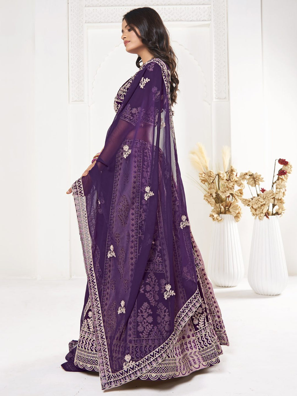 Purple & Mauve Thread Embroidered Wedding & Festive Wear Semi-Stitched Georgette Lehenga Choli with Dupatta