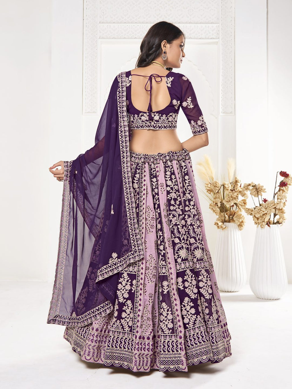 Purple & Mauve Thread Embroidered Wedding & Festive Wear Semi-Stitched Georgette Lehenga Choli with Dupatta