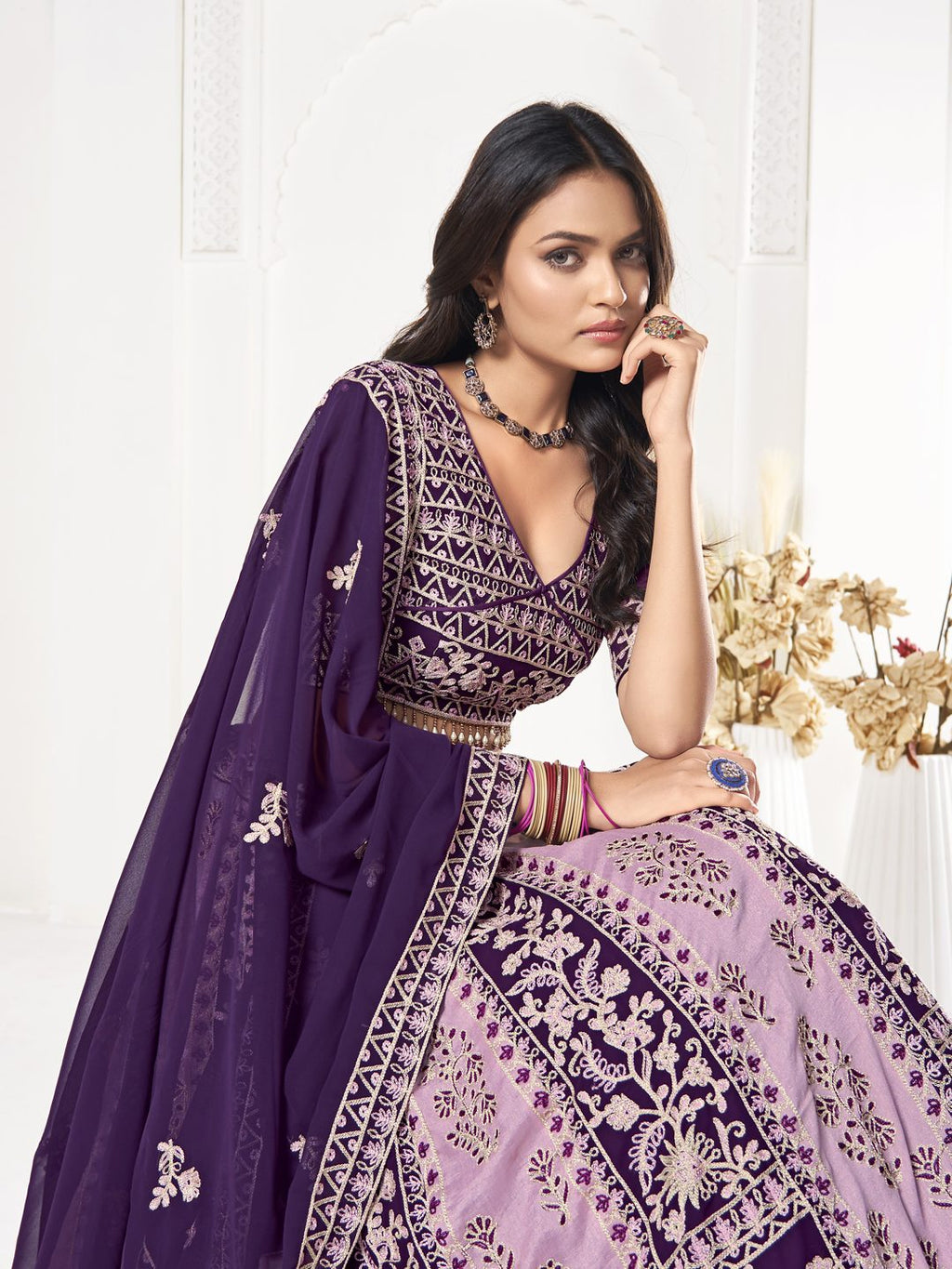 Purple & Mauve Thread Embroidered Wedding & Festive Wear Semi-Stitched Georgette Lehenga Choli with Dupatta