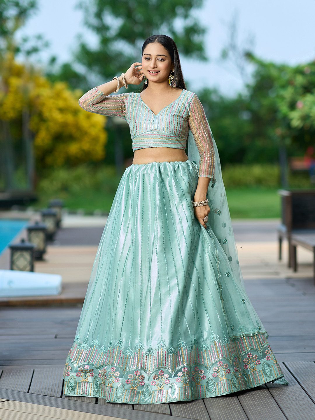 Mint Green Thread Embroidered Festive & Wedding Wear Semi-Stitched Net Lehenga Choli with Dupatta