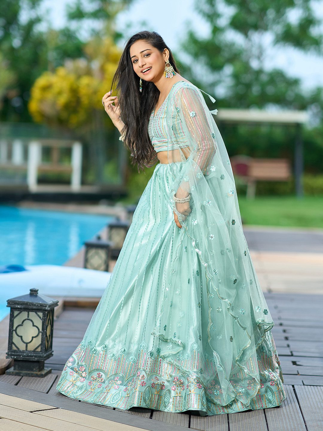 Mint Green Thread Embroidered Festive & Wedding Wear Semi-Stitched Net Lehenga Choli with Dupatta