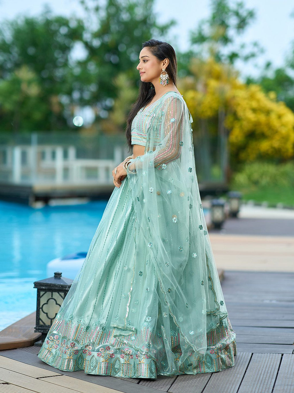 Mint Green Thread Embroidered Festive & Wedding Wear Semi-Stitched Net Lehenga Choli with Dupatta