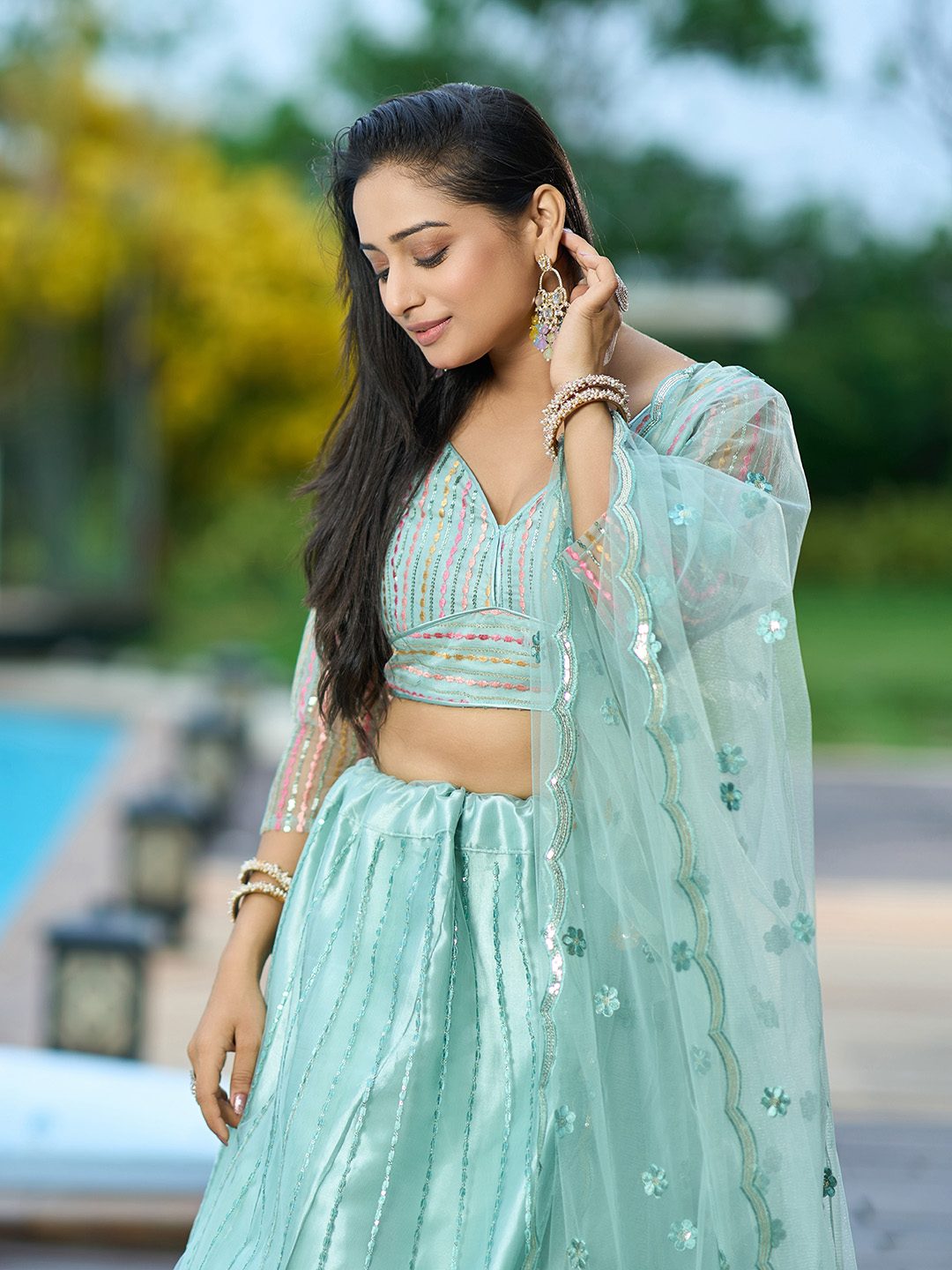 Mint Green Thread Embroidered Festive & Wedding Wear Semi-Stitched Net Lehenga Choli with Dupatta
