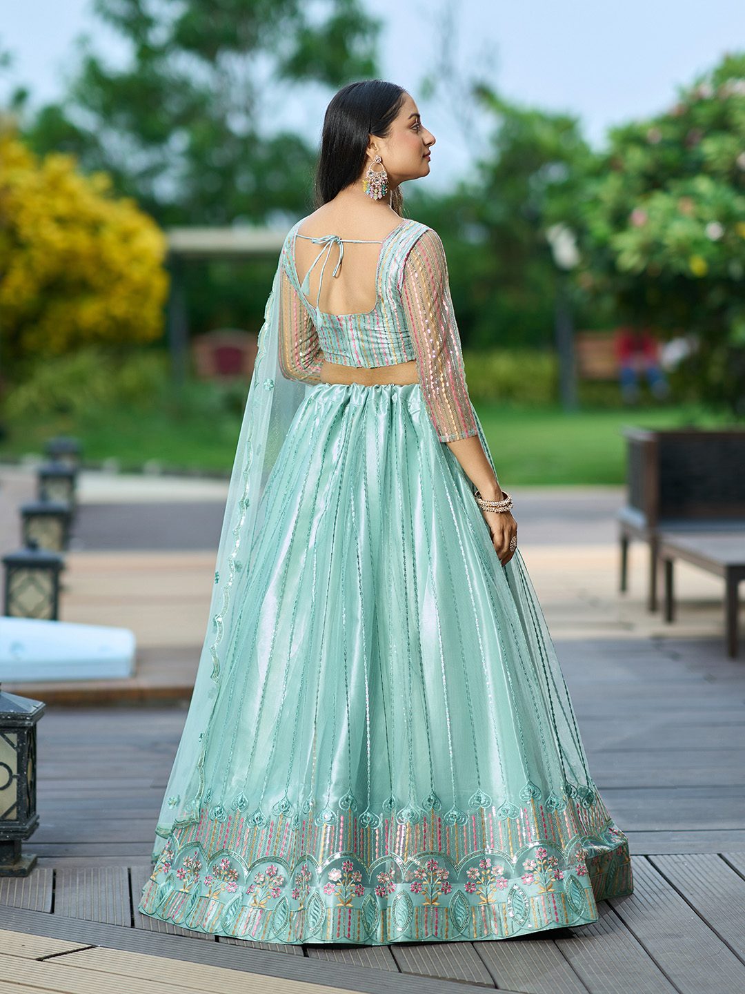 Mint Green Thread Embroidered Festive & Wedding Wear Semi-Stitched Net Lehenga Choli with Dupatta