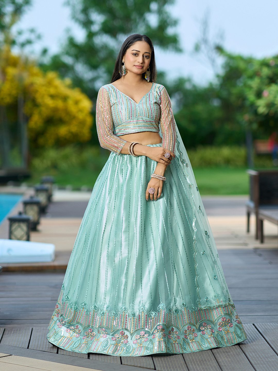 Mint Green Thread Embroidered Festive & Wedding Wear Semi-Stitched Net Lehenga Choli with Dupatta