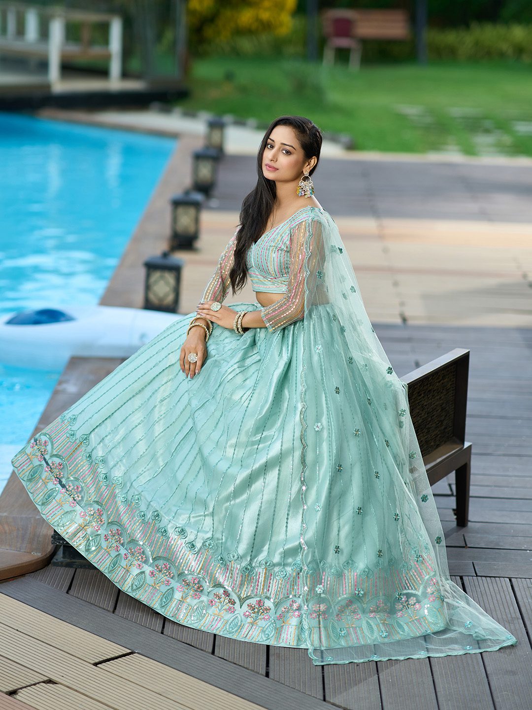 Mint Green Thread Embroidered Festive & Wedding Wear Semi-Stitched Net Lehenga Choli with Dupatta