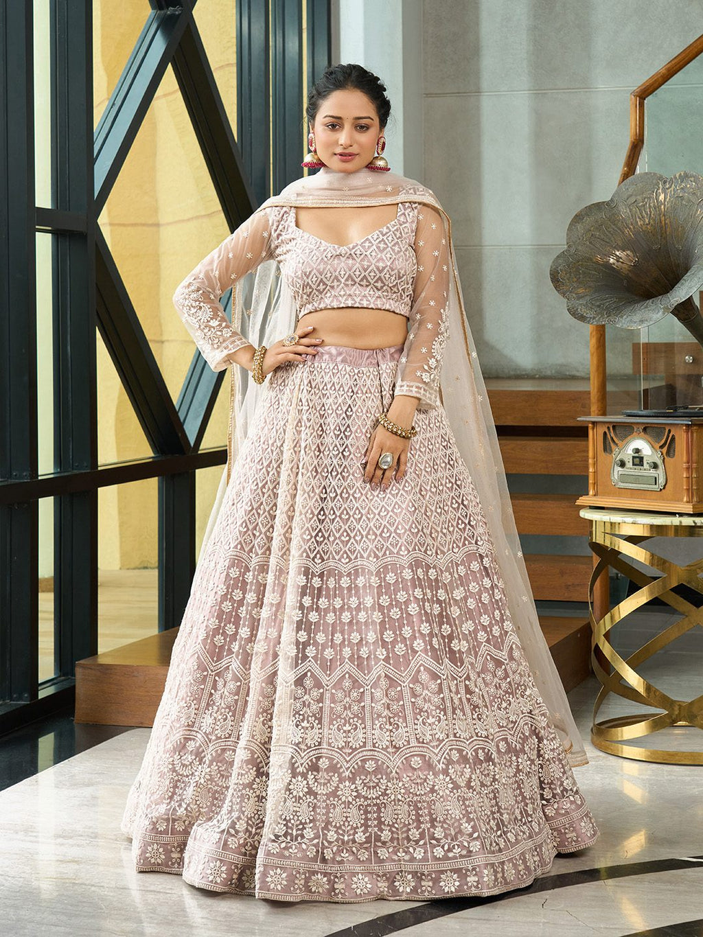 Beige Thread Embroidered Wedding And Bridal Wear Semi-Stitched Net Lehenga Choli with Dupatta