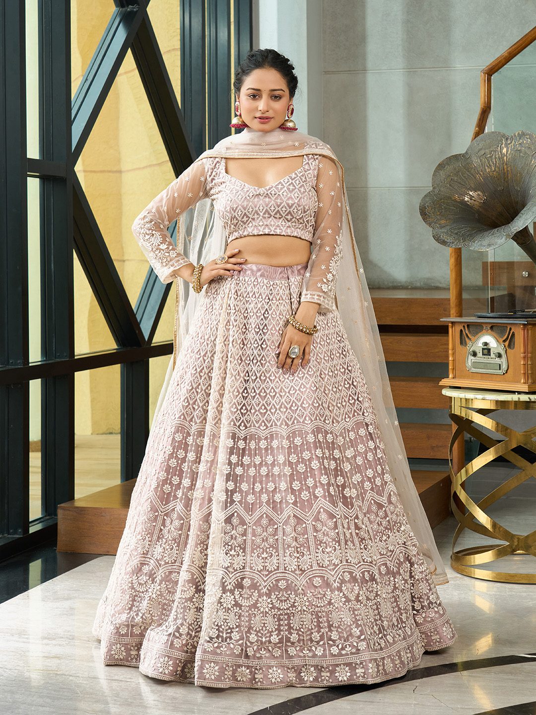 Beige Thread Embroidered Wedding And Bridal Wear Semi-Stitched Net Lehenga Choli with Dupatta