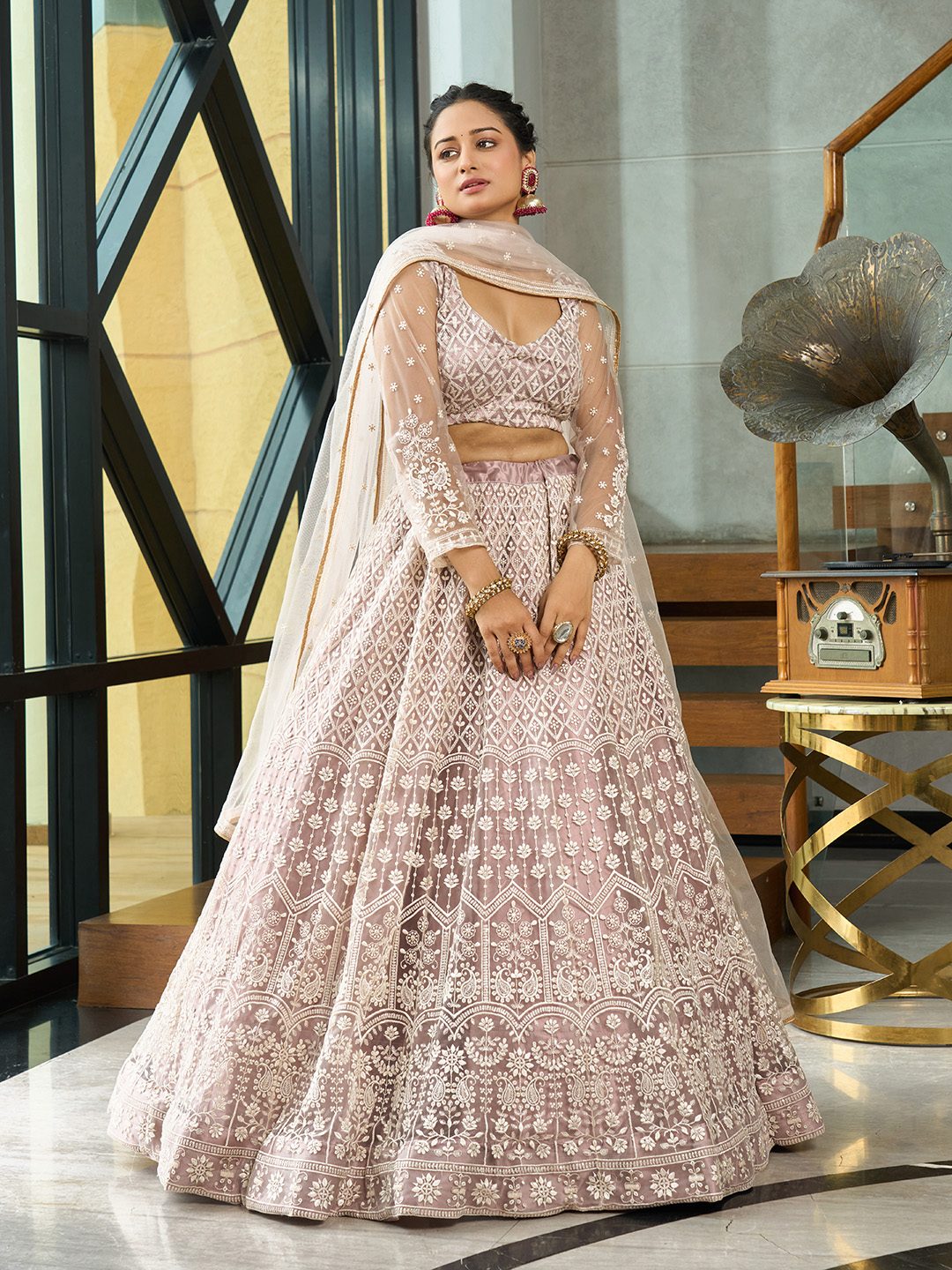 Beige Thread Embroidered Wedding And Bridal Wear Semi-Stitched Net Lehenga Choli with Dupatta
