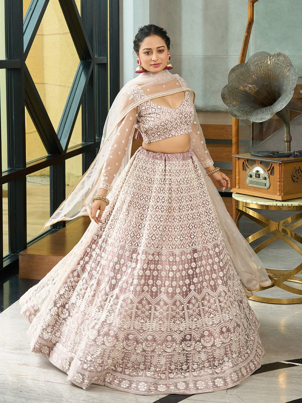 Beige Thread Embroidered Wedding And Bridal Wear Semi-Stitched Net Lehenga Choli with Dupatta