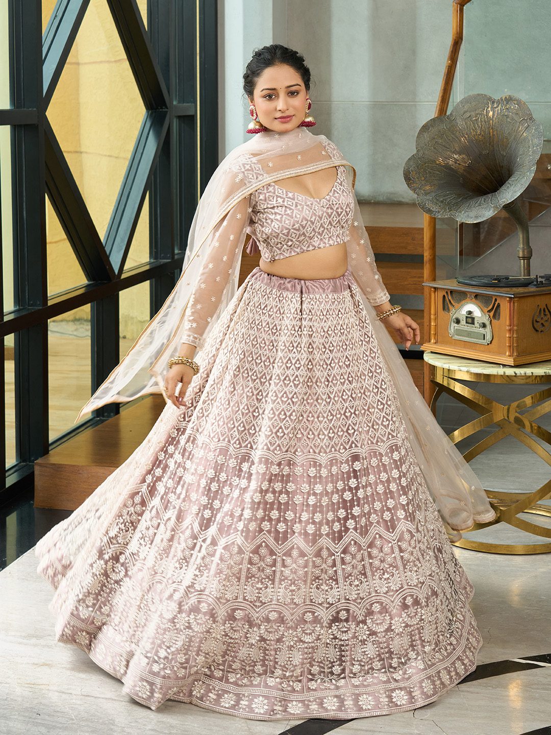 Beige Thread Embroidered Wedding And Bridal Wear Semi-Stitched Net Lehenga Choli with Dupatta