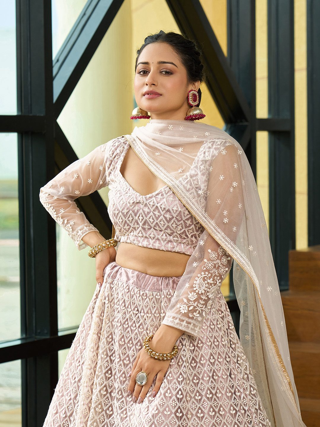 Beige Thread Embroidered Wedding And Bridal Wear Semi-Stitched Net Lehenga Choli with Dupatta