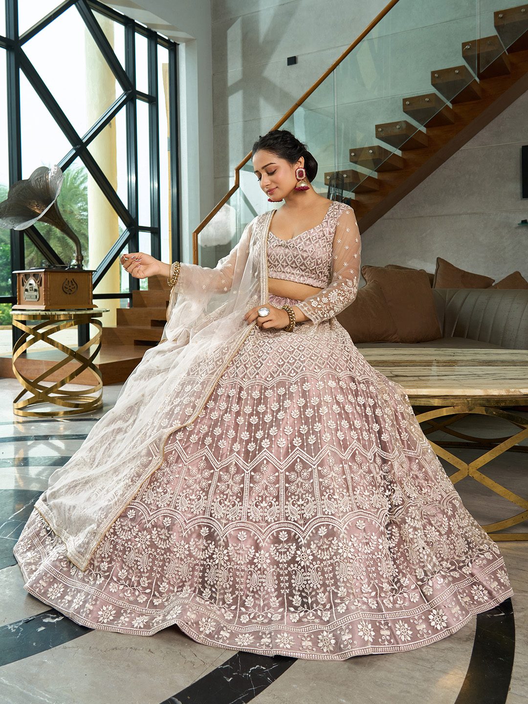 Beige Thread Embroidered Wedding And Bridal Wear Semi-Stitched Net Lehenga Choli with Dupatta