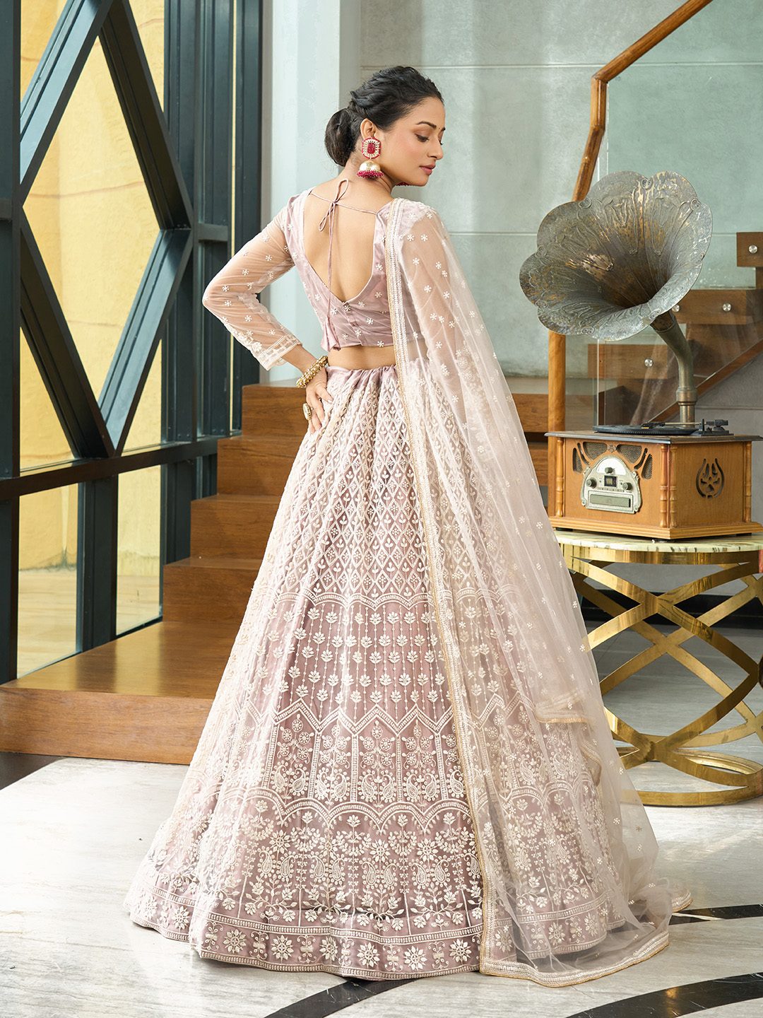Beige Thread Embroidered Wedding And Bridal Wear Semi-Stitched Net Lehenga Choli with Dupatta