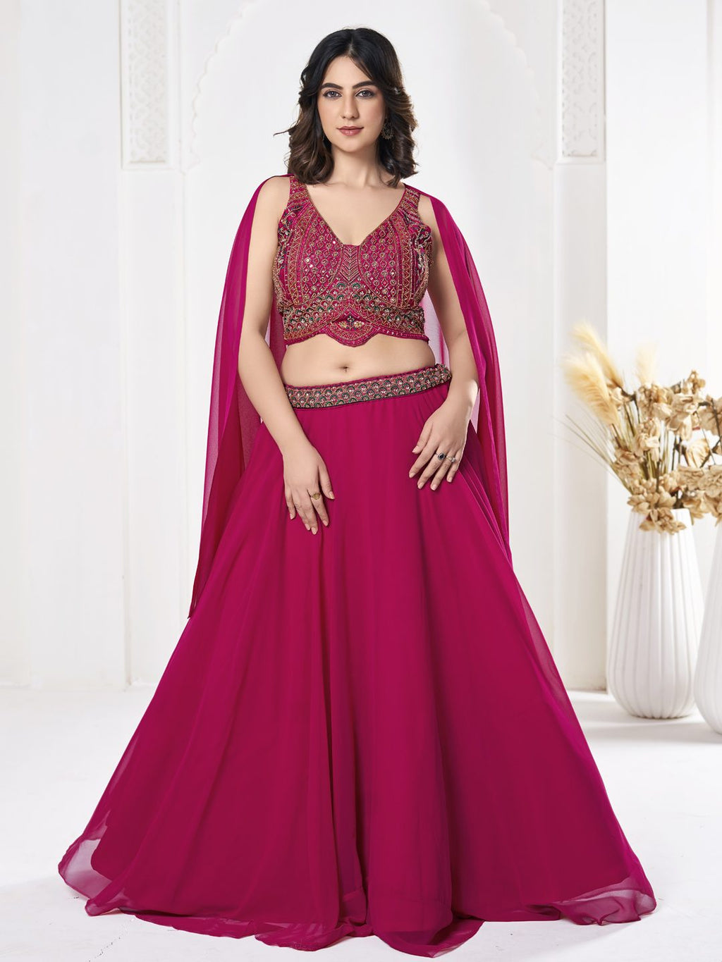 Rani Pink Thread Embroidered Festive & Wedding Wear Semi-Stitched Georgette Lehenga Choli with Cape Dupatta