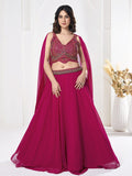 Rani Pink Thread Embroidered Festive & Wedding Wear Semi-Stitched Georgette Lehenga Choli with Cape Dupatta