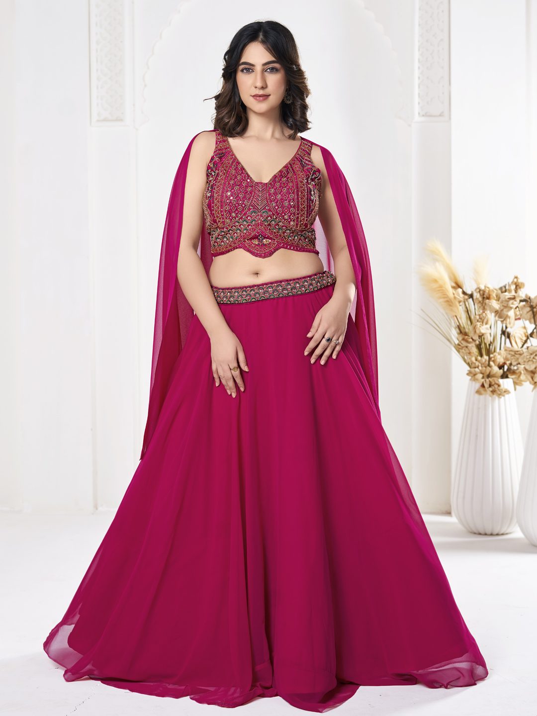 Rani Pink Thread Embroidered Festive & Wedding Wear Semi-Stitched Georgette Lehenga Choli with Cape Dupatta