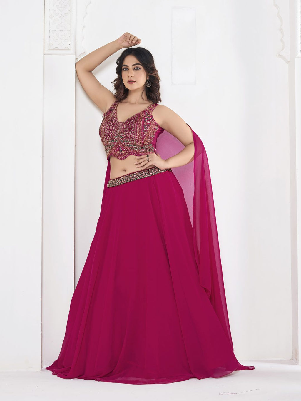 Rani Pink Thread Embroidered Festive & Wedding Wear Semi-Stitched Georgette Lehenga Choli with Cape Dupatta