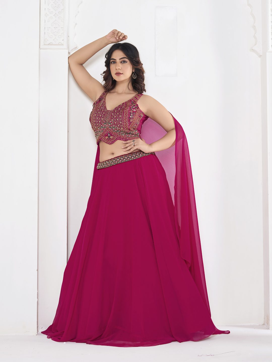 Rani Pink Thread Embroidered Festive & Wedding Wear Semi-Stitched Georgette Lehenga Choli with Cape Dupatta