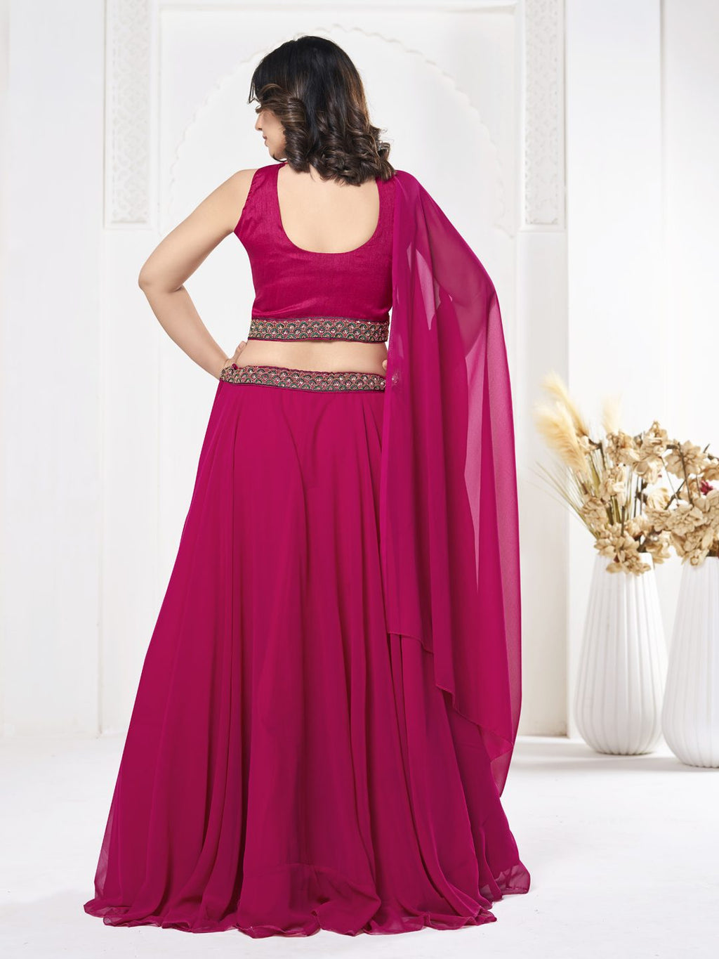 Rani Pink Thread Embroidered Festive & Wedding Wear Semi-Stitched Georgette Lehenga Choli with Cape Dupatta