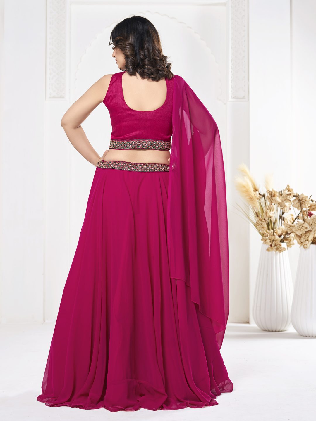 Rani Pink Thread Embroidered Festive & Wedding Wear Semi-Stitched Georgette Lehenga Choli with Cape Dupatta