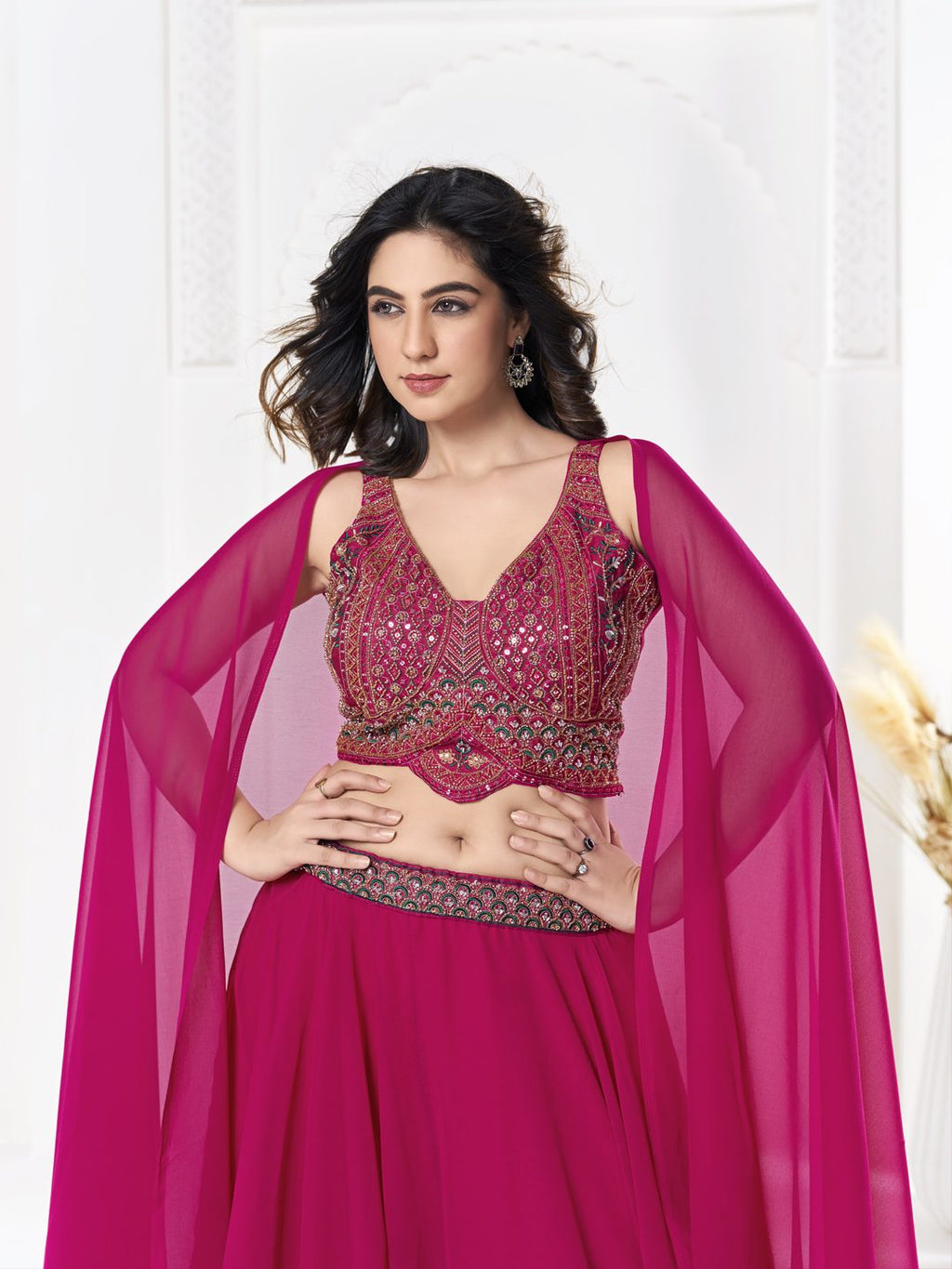 Rani Pink Thread Embroidered Festive & Wedding Wear Semi-Stitched Georgette Lehenga Choli with Cape Dupatta