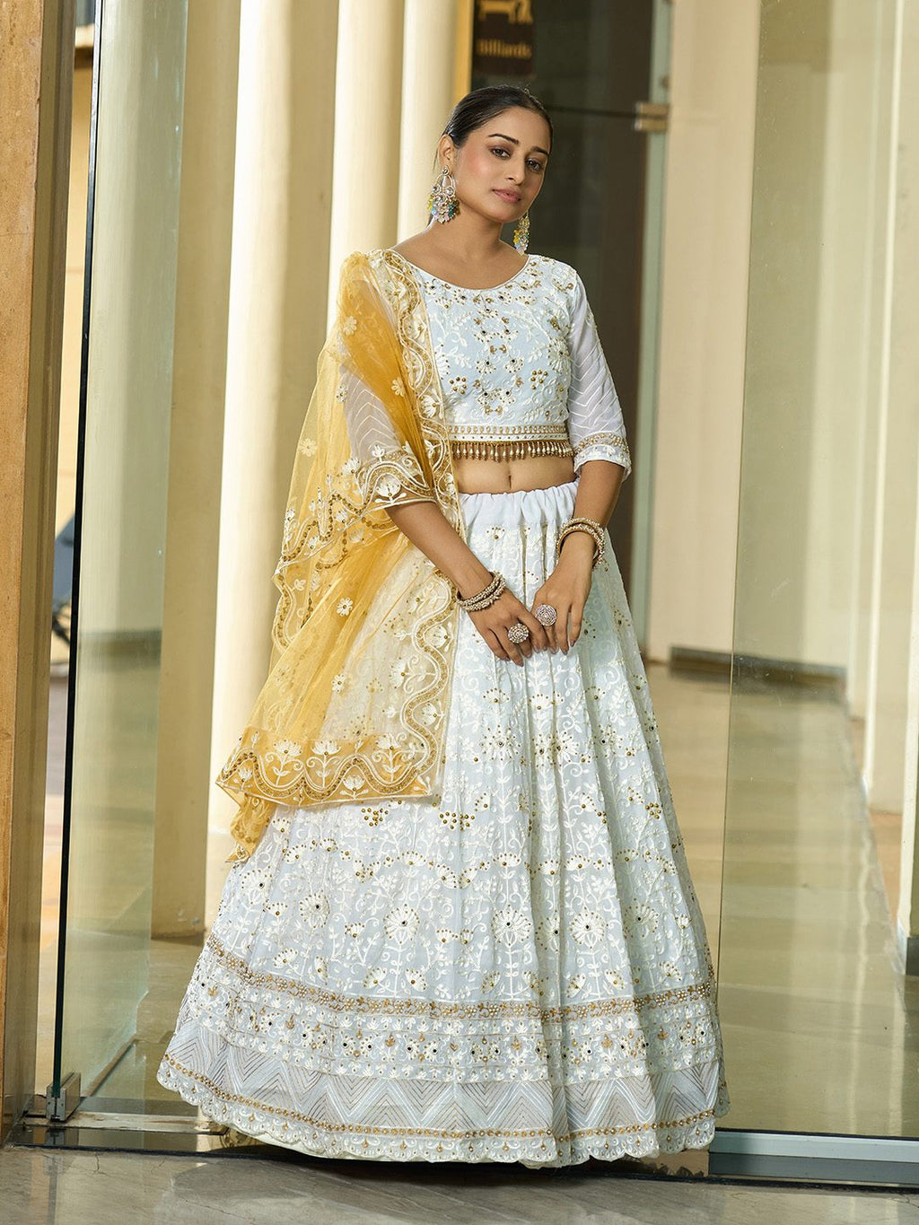 White & Mustard Yellow Zari, Thread & Mirror Work Wedding Wear Semi-Stitched Lehenga Choli with Heavy Embroidered Dupatta