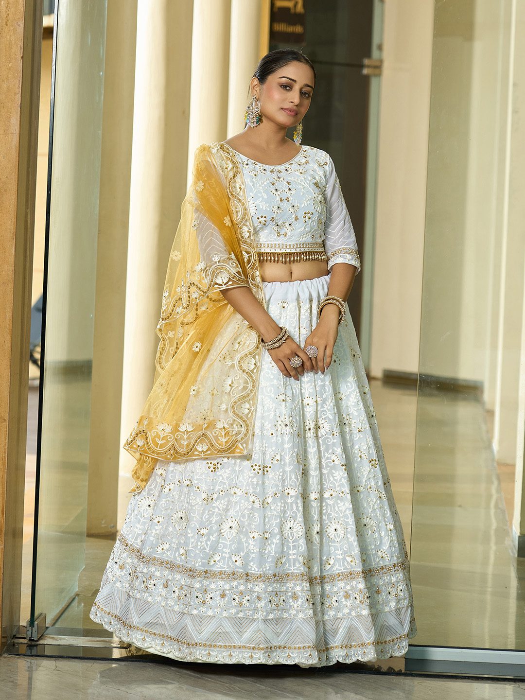 White & Mustard Yellow Zari, Thread & Mirror Work Wedding Wear Semi-Stitched Lehenga Choli with Heavy Embroidered Dupatta