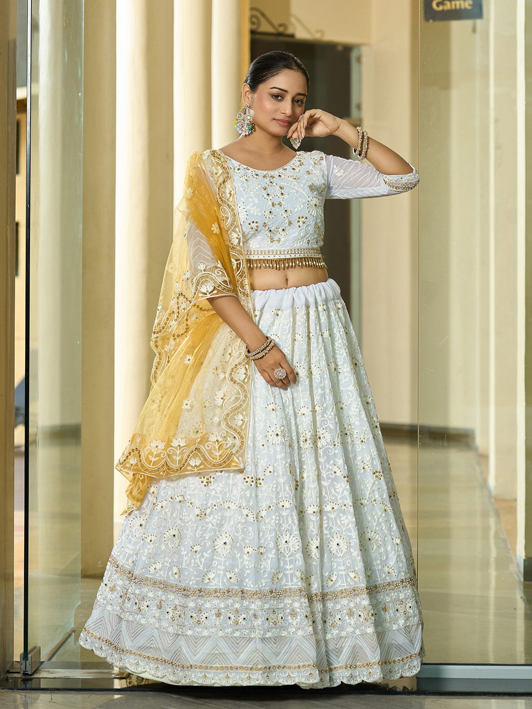 White & Mustard Yellow Zari, Thread & Mirror Work Wedding Wear Semi-Stitched Lehenga Choli with Heavy Embroidered Dupatta