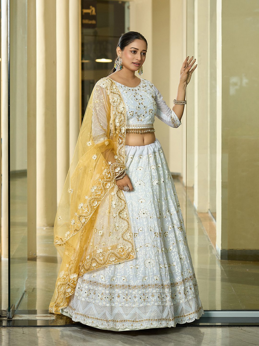 White & Mustard Yellow Zari, Thread & Mirror Work Wedding Wear Semi-Stitched Lehenga Choli with Heavy Embroidered Dupatta