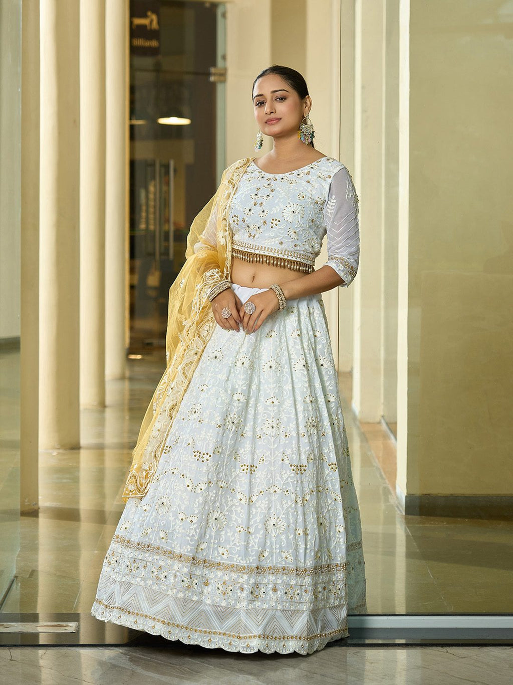 White & Mustard Yellow Zari, Thread & Mirror Work Wedding Wear Semi-Stitched Lehenga Choli with Heavy Embroidered Dupatta